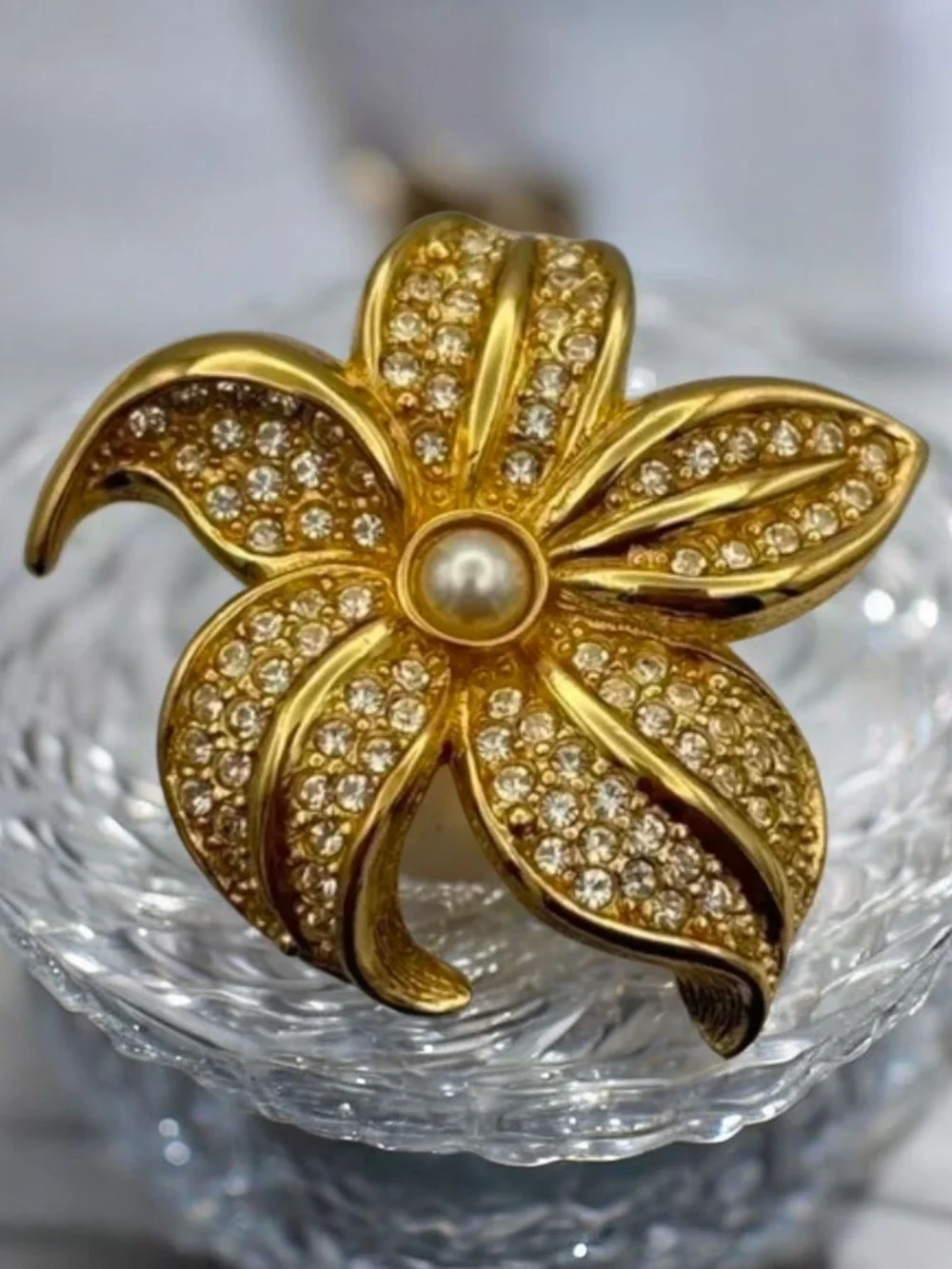 Dior Gold Plated Crystal Flower Brooch with Pearl Center